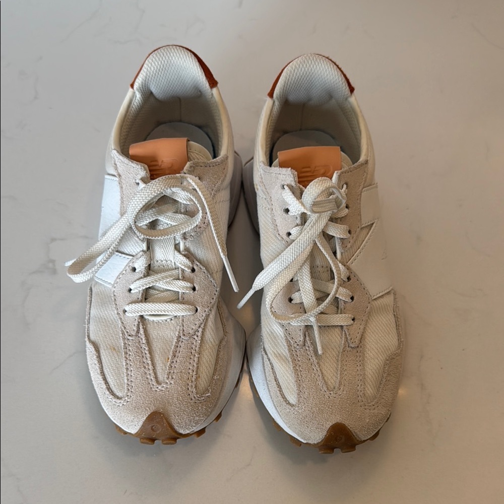 White and Tan Athletic Sneakers
